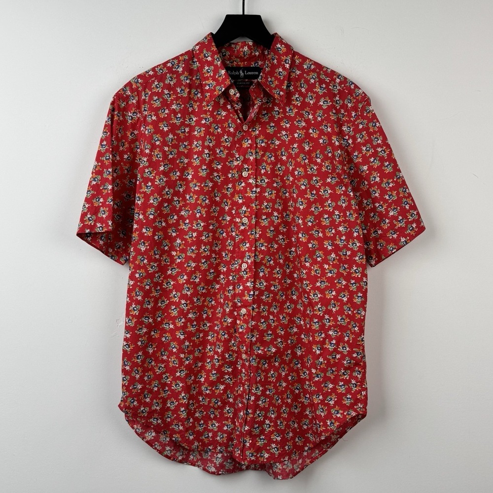Ralph Lauren Button Up Shirt Mens L Red Floral Camp Classic Resort Short Sleeve